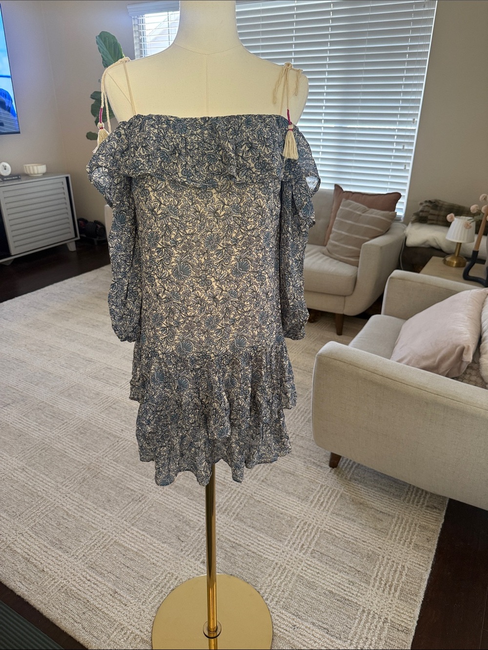 Rebecca Minkoff Blue Floral Off-Shoulder Ruffle Dress